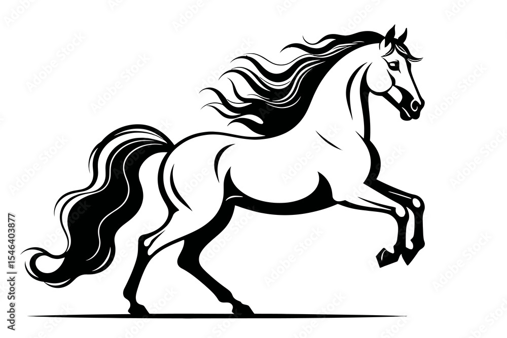 Elegant Black and White Horse Illustration-Majestic Stallion with Flowing Mane and Tail-Perfect for Equine Art and Graphic Design-Download Now for Your Projects Elegant Black and White Horse Illustration-Majestic Stallion with Flowing Mane and Tail-Perfect for Equine Art and Graphic Design-Download Now for Your Projects