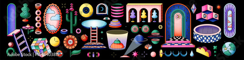 Psychedelic dimensions and art. Modern linear vector illustrations of abstract shapes, 3d objects with outline and contour, otherworldly objects, stairs, esoterics, abstraction, surreal 