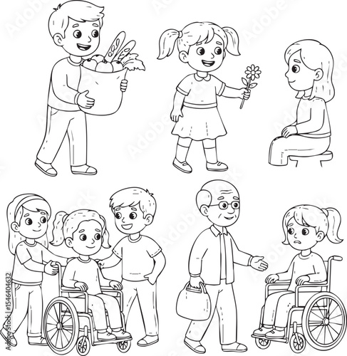  Children showing kindness to others including helping an elderly person and someone in a wheelchair