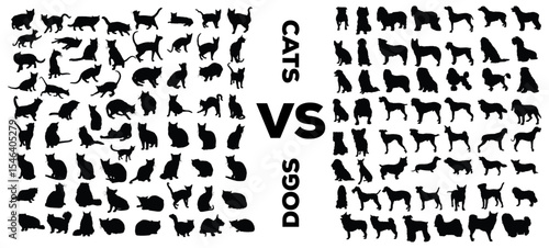 Foto Cats vs Dogs Silhouettes Pack: A contrasting composition showcases the silhouette of a plethora of cats and dogs, creatively juxtaposed to symbolize the classic pet dichotomy