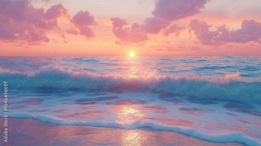 Fototapeta premium Pastel Sunset Beach Waves, Coastal Scene