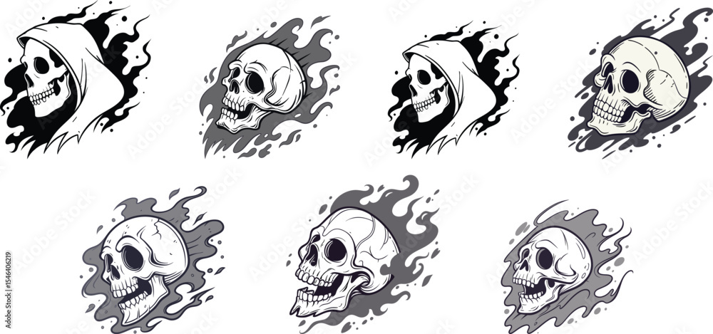 Obraz premium human skull head with splash black and white design set vector illustration