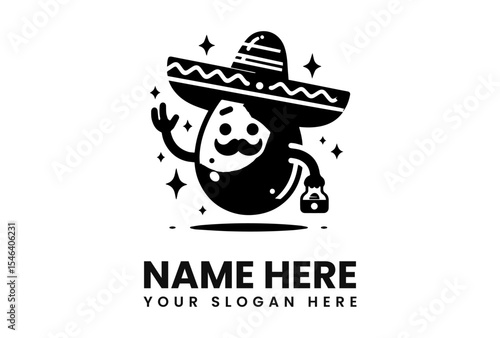 A jovial avocado character, wearing a sombrero, waves while holding a small bottle.
