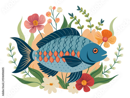 Illustrated blue fish with floral accents vector design for nature and wildlife themed projects