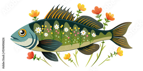 Whimsical fish illustration with floral design, nature inspired art, fish with flower patterns design