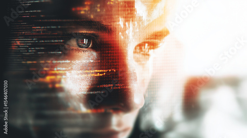 Man's face with reflection of computer code. Technology background relating to humanity and the AI revolution.