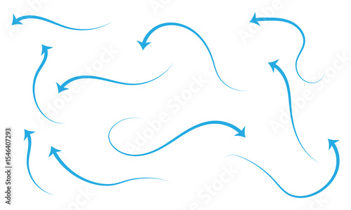 Set of black and blue arrow showing air or wind flow. Air conditioner direction. Isolated on white background . EPS 10 . 