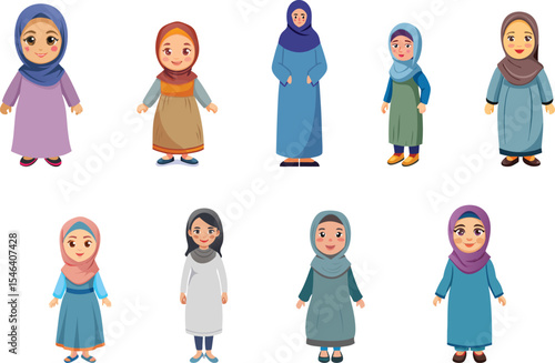 muslim woman with hijab cartoon set vector illustration
