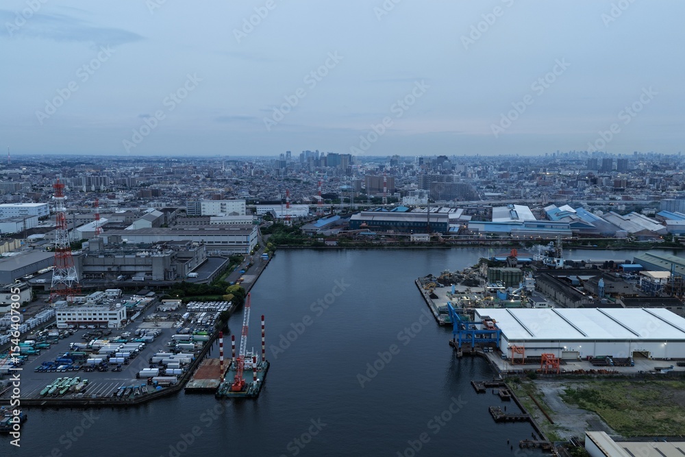 Fototapeta premium Aerial view of industrial canals and port area in Kawasaki, Japan