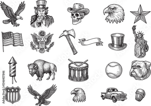 A vibrant collection of Americana-themed illustrations featuring eagles, the Statue of Liberty, American flags, Uncle Sam, a cowboy skull, buffalo, fireworks, a drum, baseball, a bulldog, 