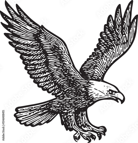 A majestic bald eagle in flight, symbolizing freedom and strength, rendered in classic black-and-white woodcut style, embodying American wildlife and patriotism