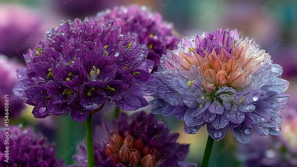 Close-up of Two Vibrant, Multicolored Flowers with Dew Drops Close-up of Two Vibrant, Multicolored Flowers with Dew Drops
