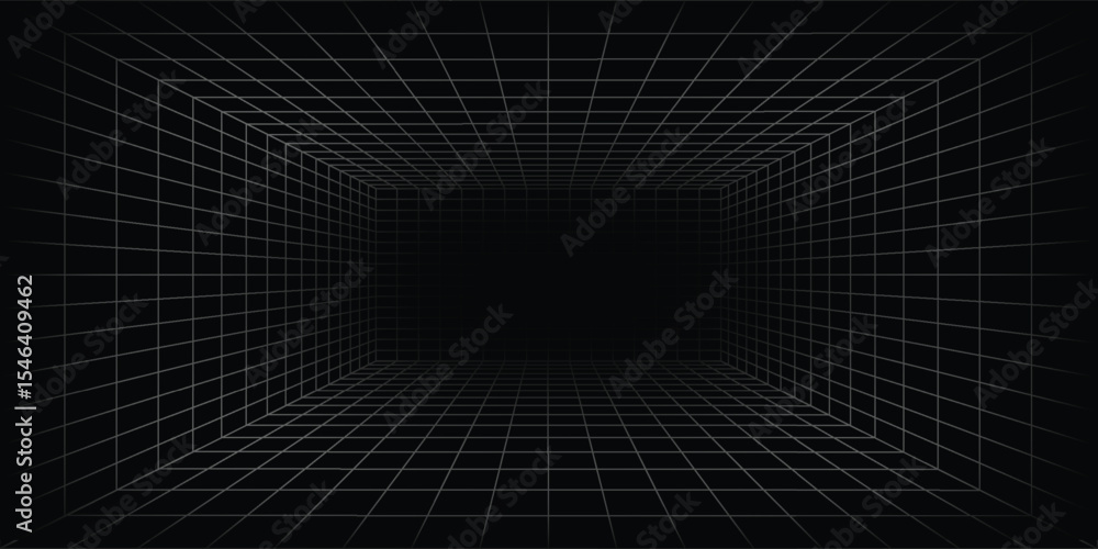 Naklejka premium Futuristic perspective grid box. Abstract wireframe with white grid line on black background. Virtual reality landscape in 80s 90s digital style. Vector
