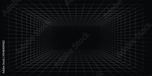 Futuristic perspective grid box. Abstract wireframe with white grid line on black background. Virtual reality landscape in 80s 90s digital style. Vector