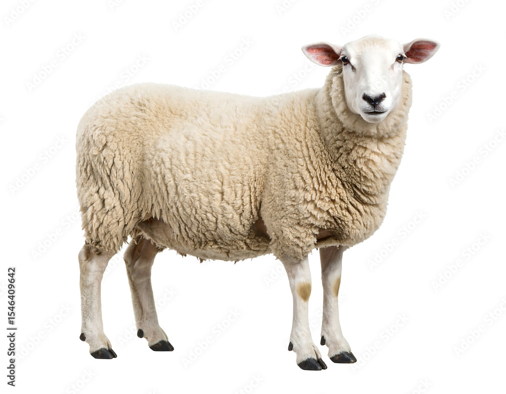 Fototapeta premium Fluffy White Sheep Standing Proudly on Black Background Capturing Natural Animal Beauty and Grace