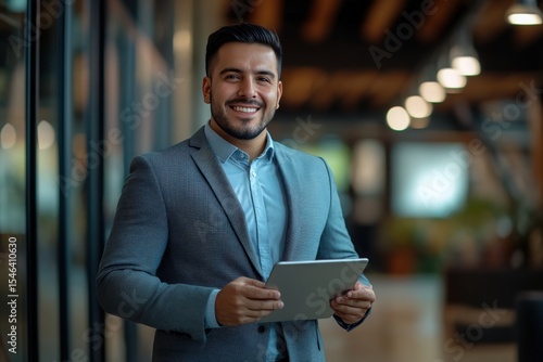 Latin American businessman dressed in formal attire holding a tablet and smiling confidently in a modern and professional office. The image represents business, technology, and professionalism