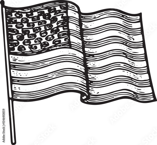 A waving American flag with stars and stripes, illustrated in vintage woodcut style, embodying national pride and independence