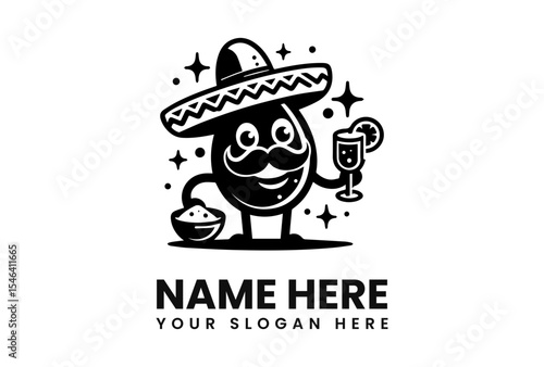 Cartoon character wearing a sombrero, holding a drink and a bowl, with a mustache and stars around it.