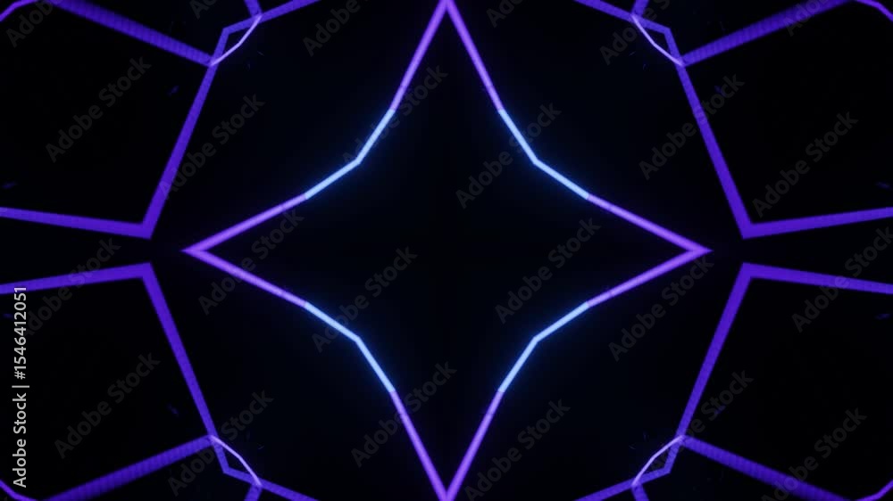Abstract Neon Kaleidoscope Motion with Central Symmetry. Glowing neon lines in continuous loop forming kaleidoscopic geometry on dark canvas