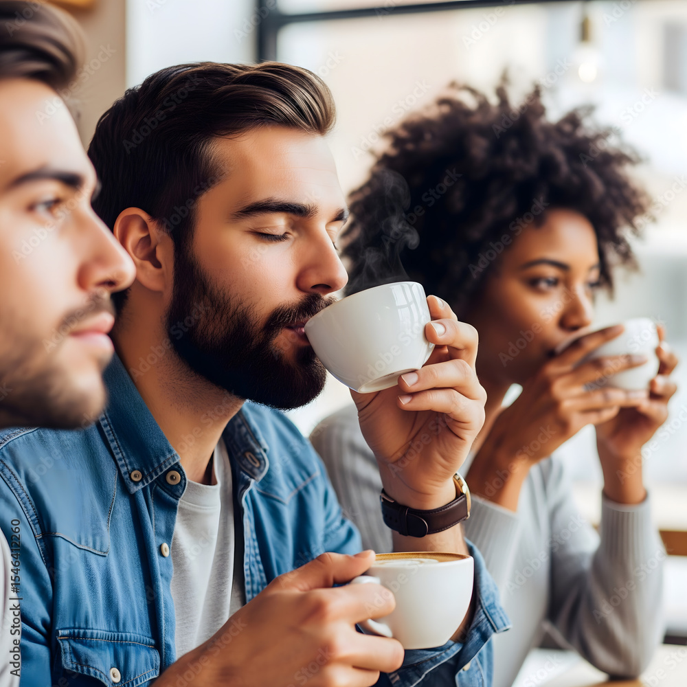 A diverse group of young adults, two men and one woman, are happily enjoying coffee together in a bright, modern cafe A diverse group of young adults, two men and one woman, are happily enjoying coffee together in a bright, modern cafe