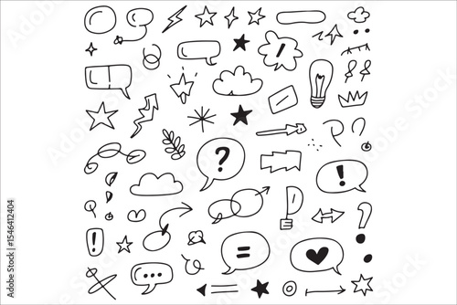 Black Doodle Pattern Silhouette Set – Hand Drawn Vector Line Art, Seamless Abstract Sketch Elements