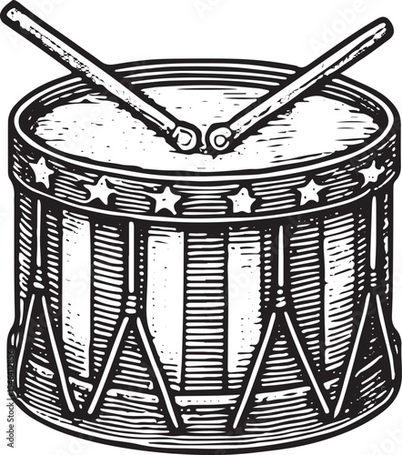 A traditional drum with sticks, depicted in vintage woodcut style, representing American military tradition and patriotic rhythm