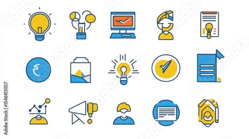 Modern Universal Business Management Line Icon Set Contains such icons as Business, Strategy, Management, Goal, Target, Leadership, Teamwork, Work Group, Human Resources, Recruitment, Career