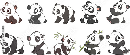 cute panda in different poses cartoon set vector illustration