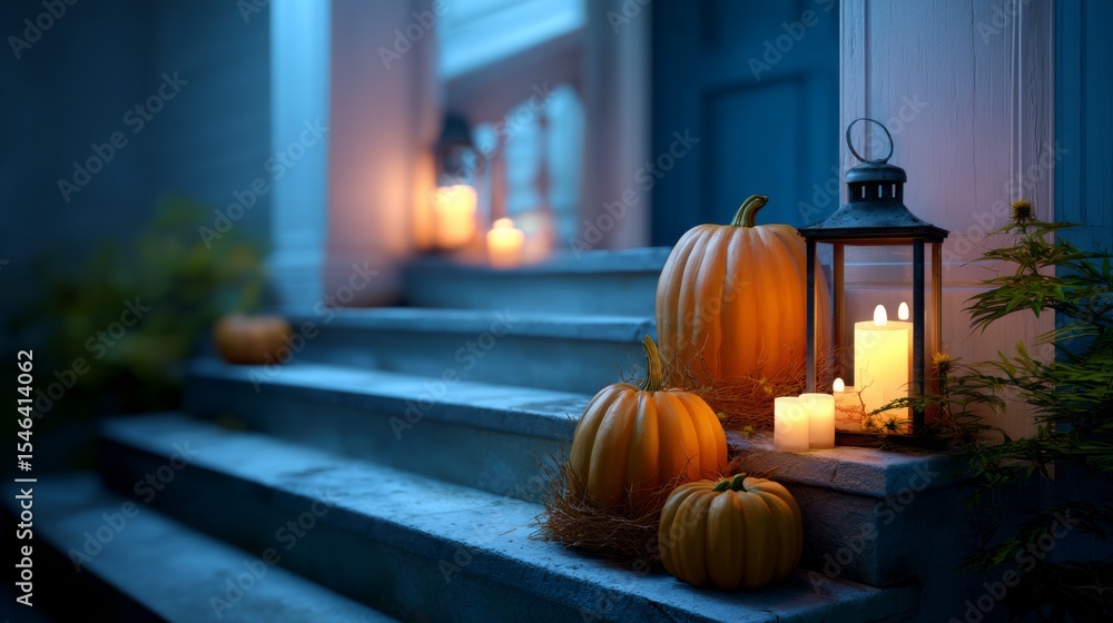 Fototapeta premium Orange pumpkins decorated with artificial candles and an antique lantern on the stone steps of a house at dusk for Halloween holiday. All Hallows Eve, Samhain