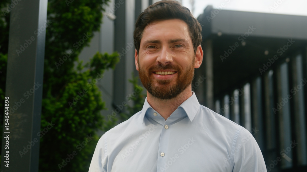 Fototapeta premium Business portrait man businessman guy male look away thinking in city looking at camera smiling happy positive employer mature entrepreneur outside office professional posing near company work success