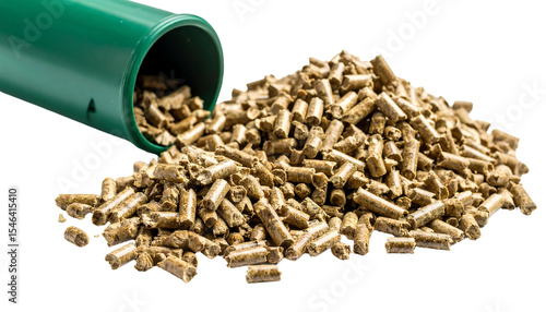 Green Plastic Tube Spilling Natural Wood Pellets on White Background for Eco-Friendly Products