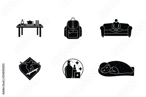 Set of lifestyle icons representing daily routines and personal care in black