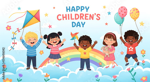 Happy Children s Day Celebration with Diverse Kids Balloons Kite and Rainbow