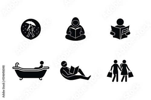 Pictogram Icons Representing Leisure Activities and Daily Life in Black and White