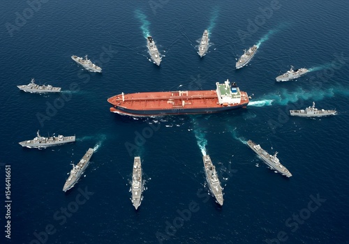 Aerial concept of an oil tanker surrounded by military ships in the Strait of Hormuz