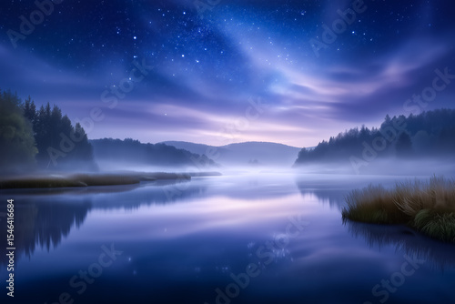 Wallpaper Mural Mist gently blankets calm river surrounded by trees and hills during twilight. Starry sky adds to peaceful ambiance. Concept of nature retreats, relaxation, photography for landscapes Torontodigital.ca