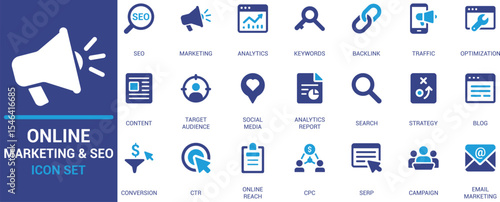 
Flat style icon set for online marketing, SEO, keywords, analytics, backlinks, content, and strategy. Perfect for digital marketing, UI, web, and business use.

