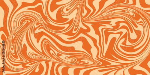 Retro caramel line background. Salted caramel liquid desert texture. Wavy swirl candy pattern for poster, cover, banner, pamphlet. Orange hippie wallpaper in 60s or 70s style. Vector