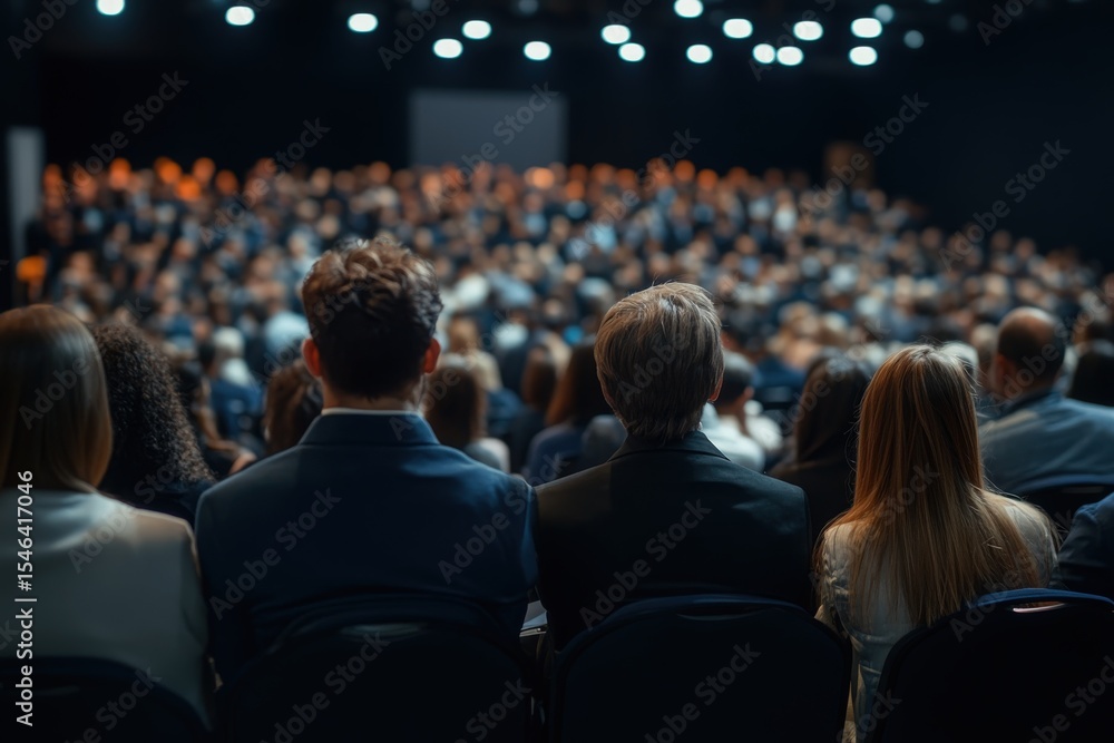 Rear view of large group of people attending a press conference in convention center. Focus is on foreground Rear view of large group of people attending a press conference in convention center. Focus is on foreground