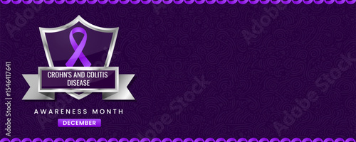 Vibrant Crohn's and Colitis Disease Awareness Month Banner with Purple Ribbon on Shield, Featuring Swirl Pattern Background for December Health Campaigns.