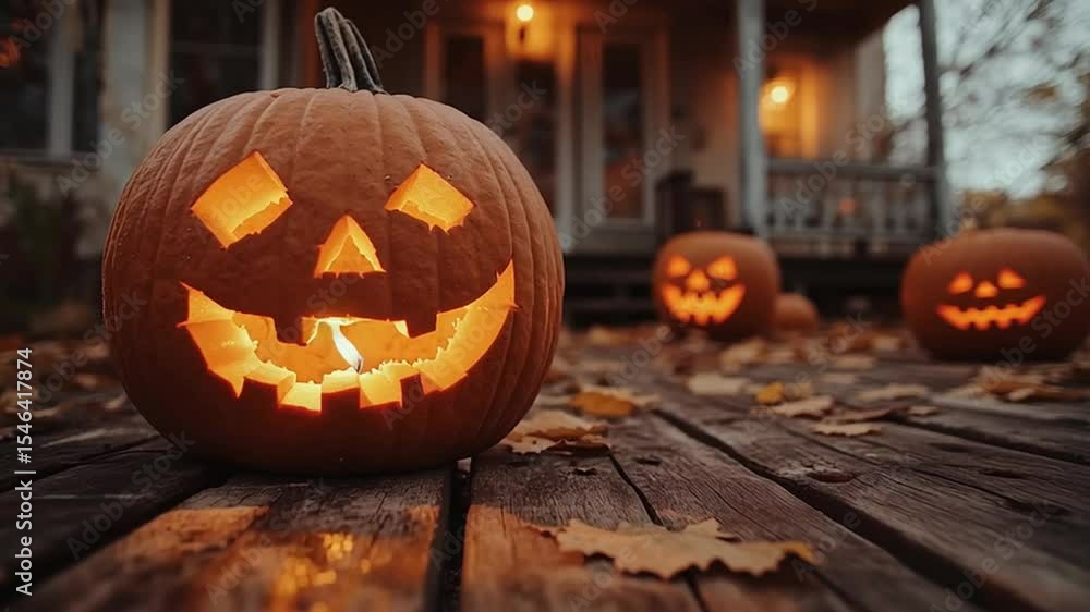 Halloween Spooky Scene: A meticulously carved jack-o'-lantern sits on a wooden porch, radiating an eerie glow, with several more pumpkins in the background, creating a captivating spooky scene. Halloween Spooky Scene: A meticulously carved jack-o'-lantern sits on a wooden porch, radiating an eerie glow, with several more pumpkins in the background, creating a captivating spooky scene.