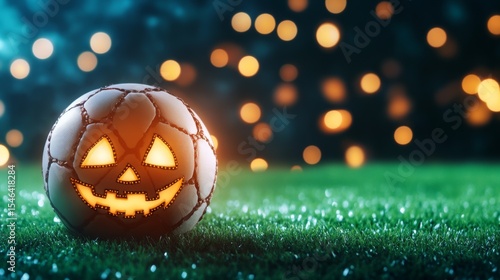 Fototapeta Naklejka Na Ścianę i Meble -  Soccer ball carved like a pumpkin with glowing jack-o'-lantern face on green grass at night, Halloween sports fun. All Hallows Eve, Samhain