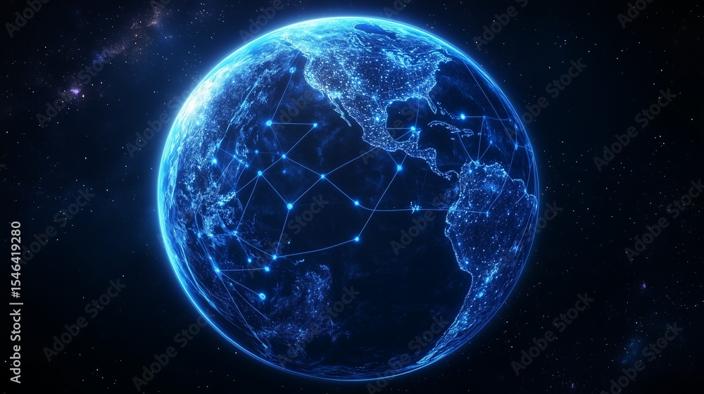 Fototapeta premium Blue Glowing Earth with Interconnected Network of Lights Symbolizing Global Communication