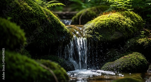 Tranquil waterfall flowing over mossy rocks in a lush green forest landscape