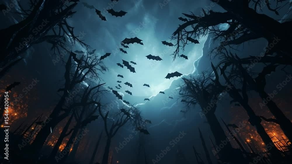 Dark Night Flight: A dramatic scene unfolds under a stormy night sky, as countless bats take flight from a forest. Dark Night Flight: A dramatic scene unfolds under a stormy night sky, as countless bats take flight from a forest.