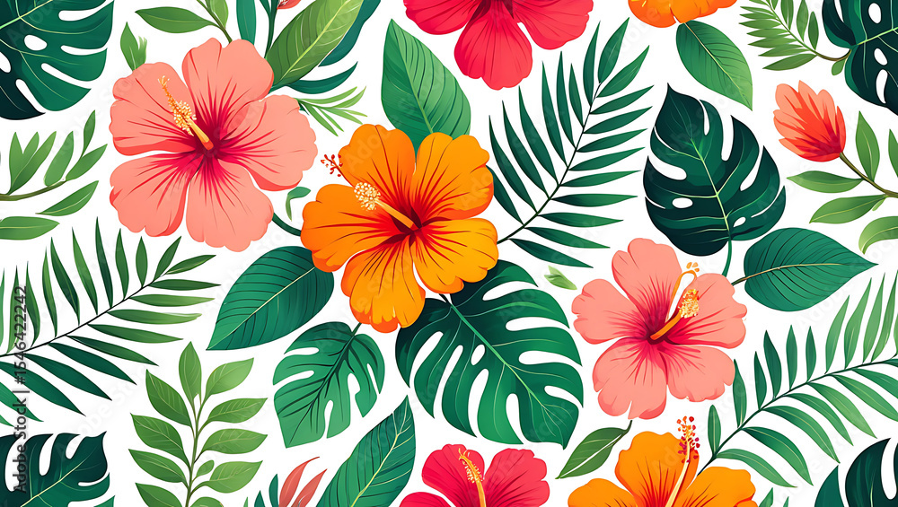 custom made wallpaper toronto digitalVibrant Tropical Hibiscus Flowers Orange Pink Red Green Leaves White Background Seamless Pattern Floral Design