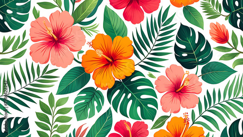 Wallpaper Mural Vibrant Tropical Hibiscus Flowers Orange Pink Red Green Leaves White Background Seamless Pattern Floral Design Torontodigital.ca