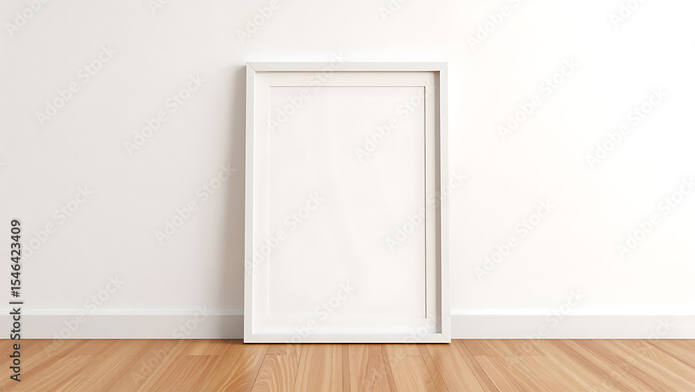 White Rectangular Frame on Light Wood Floor Against White Wall Interior Room Mockup Empty image White Rectangular Frame on Light Wood Floor Against White Wall Interior Room Mockup Empty image