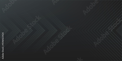 Black grey abstract background with glowing arrow lines, technology, futuristic concept. Modern glossy grey geometric lines design. Horizontal banner template suitable for cover, header, poster.