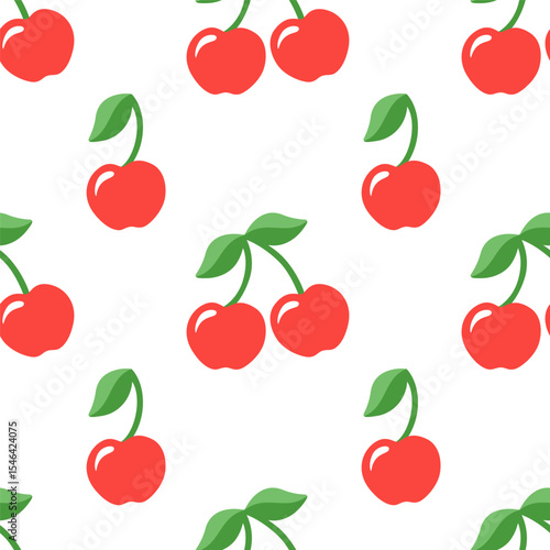 Cartoon seamless pattern of red cherries isolated on white background.